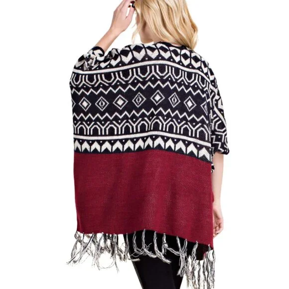 VOCAL Aztec Print Fringed Open Front Poncho Cardigan Sweater S-XL NWT - Picture 5 of 5